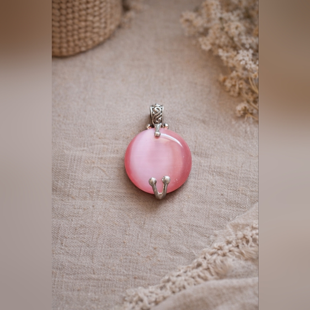 Pink Cat’s Eye Glass Pendant – Silver-Tone Setting